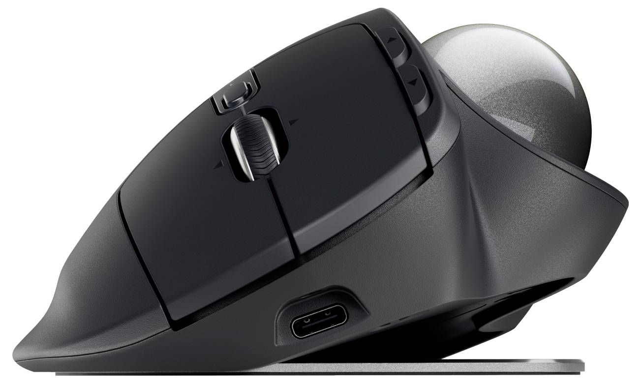 Een ergonomische, zijdelingse computermuis met trackball en meerdere knoppen.