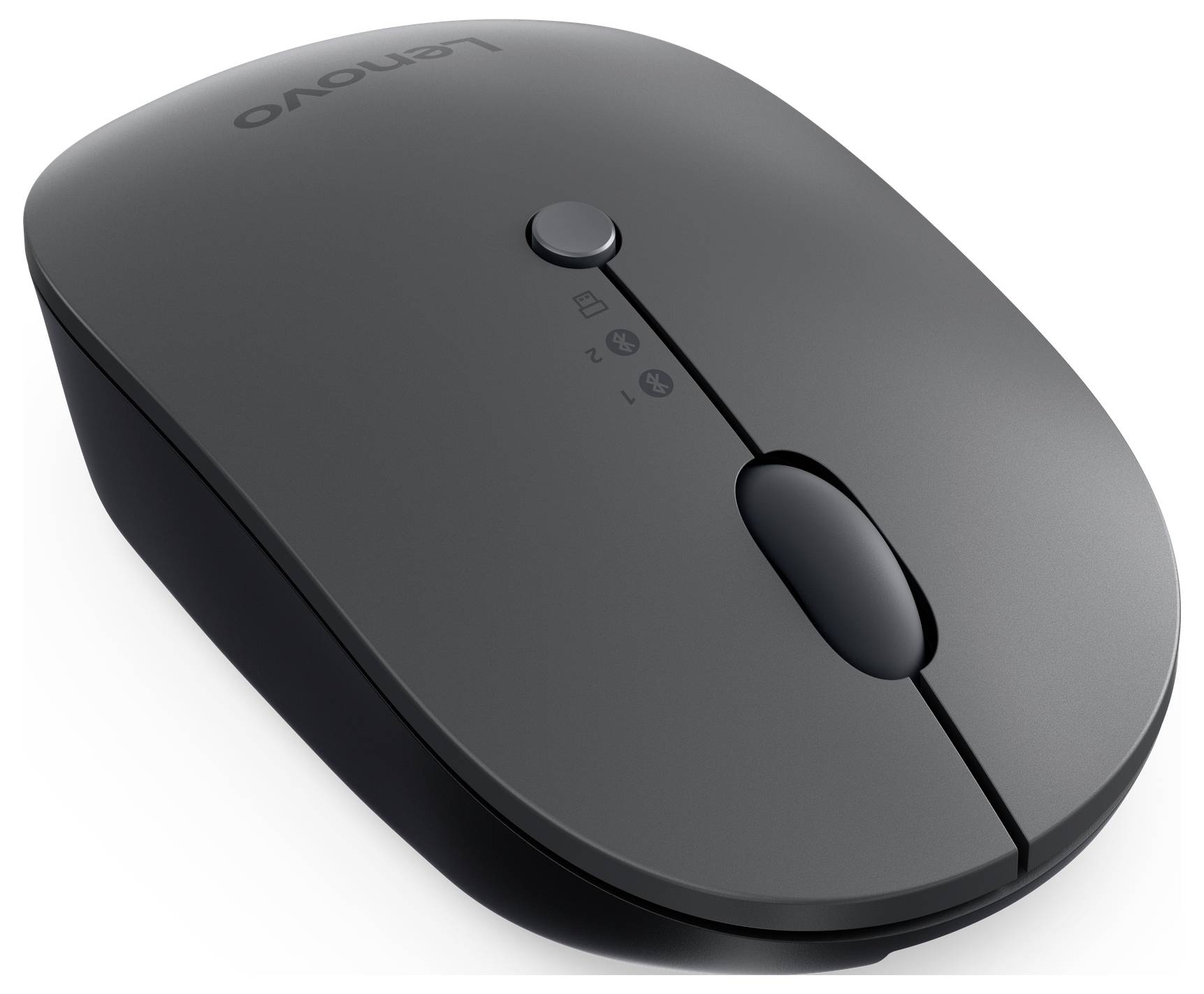 Een grijze draadloze computermuis met een middelste scrollwiel en één knop. Het Lenovo-logo is zichtbaar linksboven.