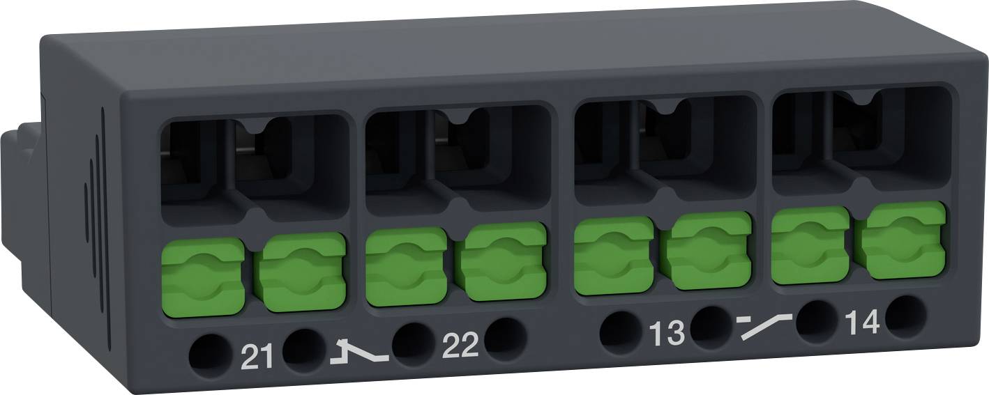 Zwarte elektrische aansluitblok met vier groene klemmen gemarkeerd '21', '22', '13' en '14', voor het verbinden van kabels.