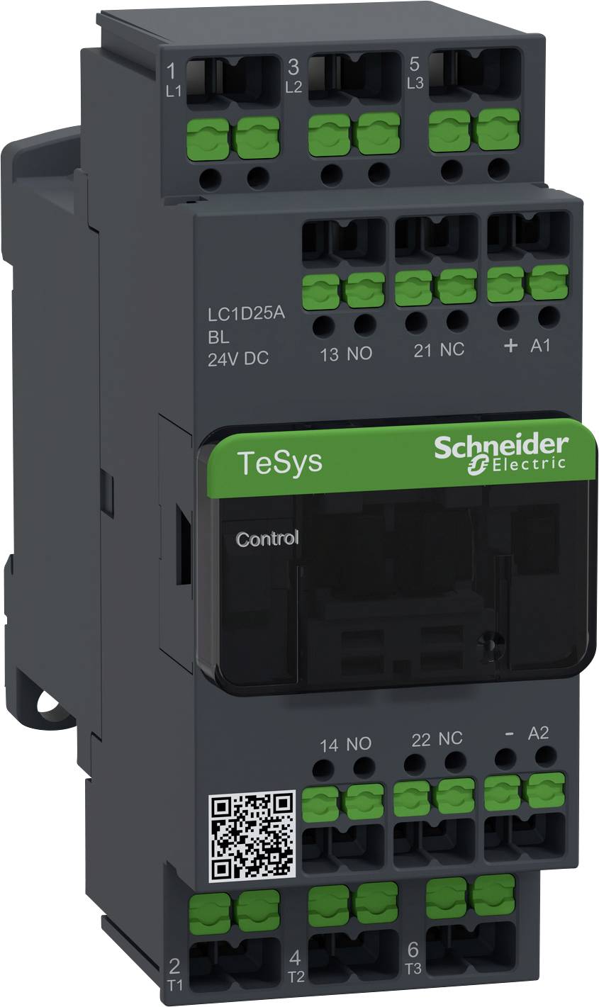 Elektrisch schakelrelais van Schneider Electric, model 'TeSys', grijs met groene aansluitingen en QR-code aan de voorzijde.
