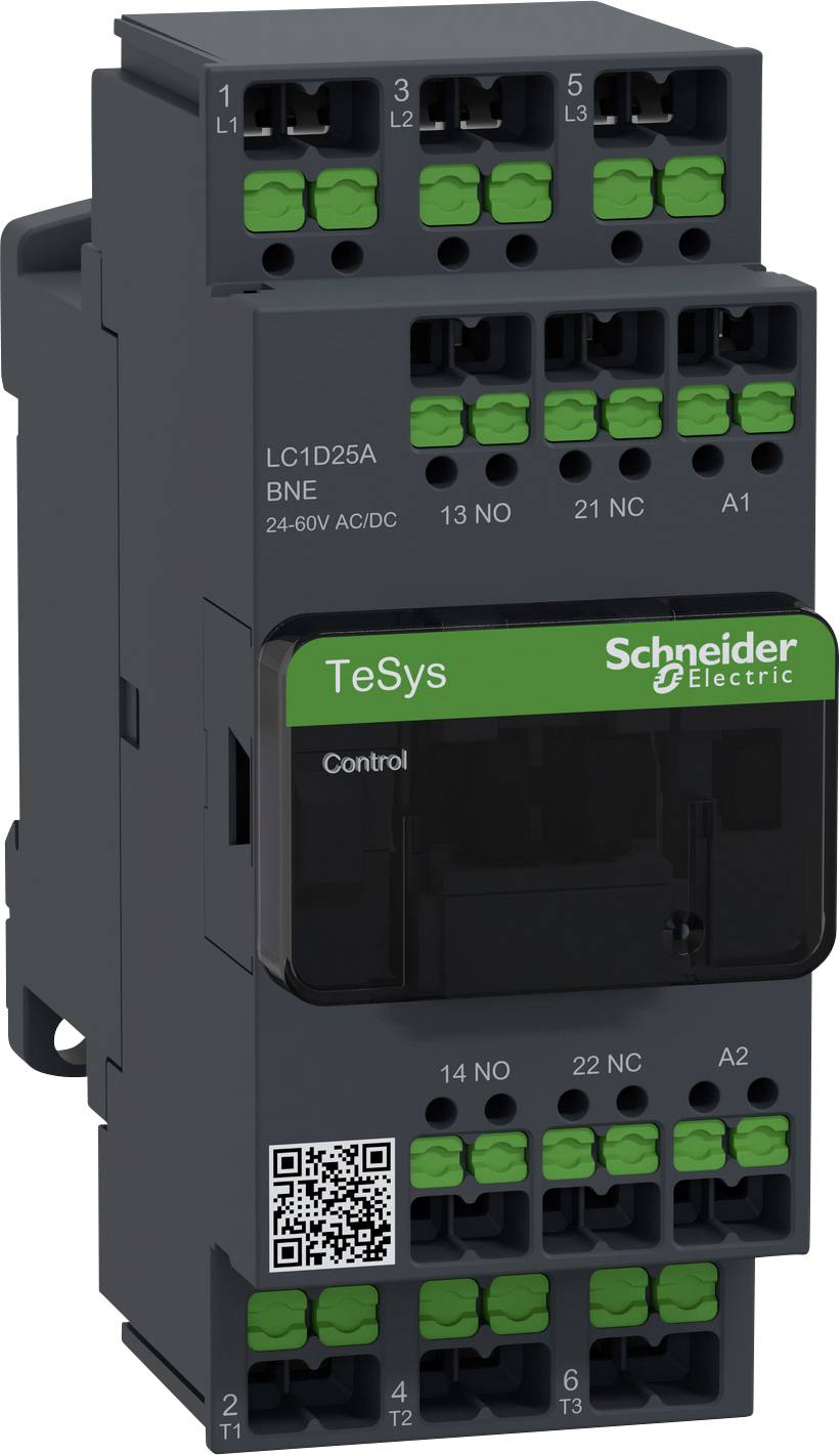 Een zwarte TeSys magneetschakelaar van Schneider Electric met groene aansluitingen voor de besturing van elektrische schakelingen.