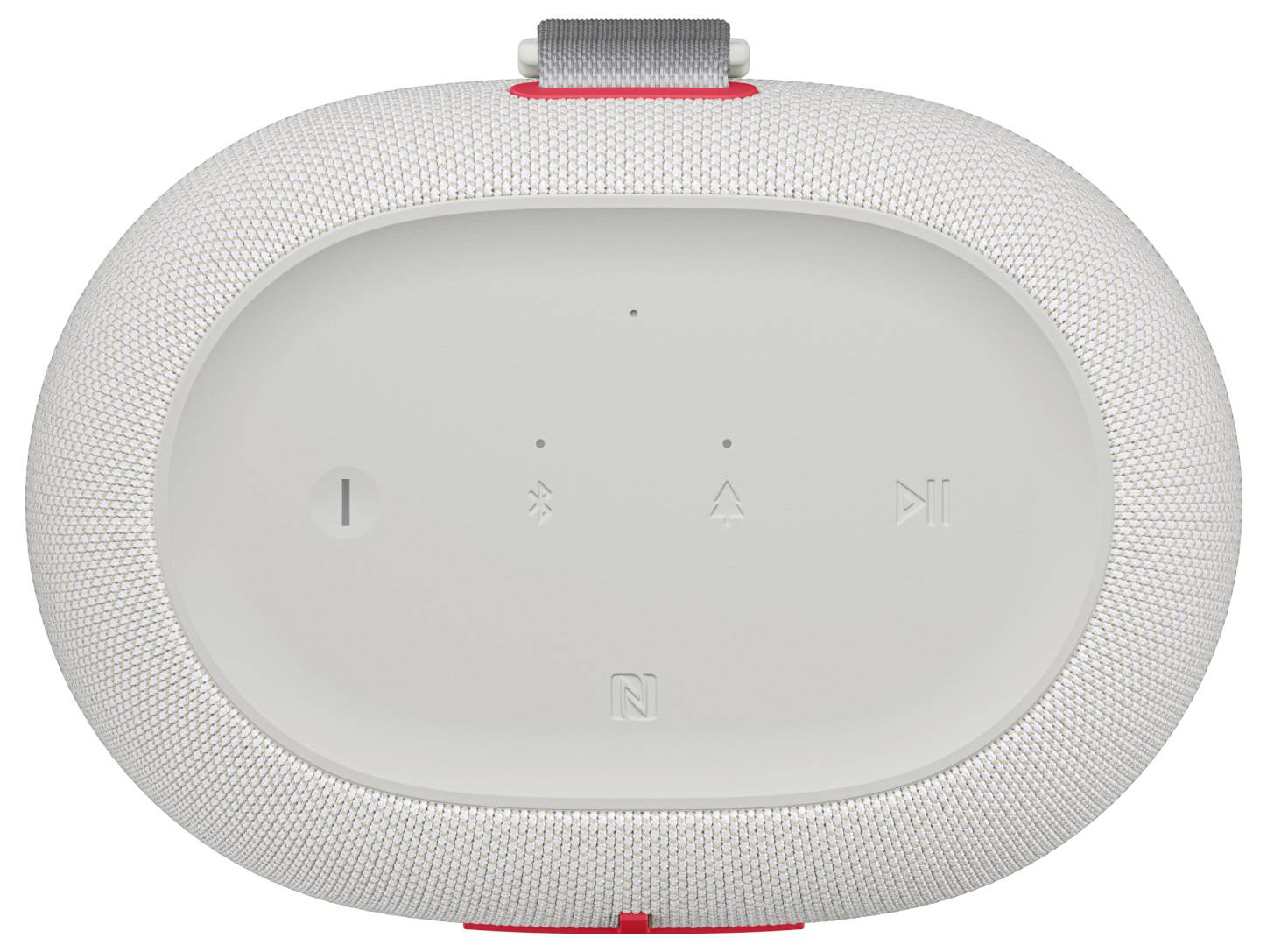 Draagbare luidspreker met grijze stoffen bekleding, ovale vorm. Bovenkant met knoppen voor aan/uit, Bluetooth, volume en afspelen.