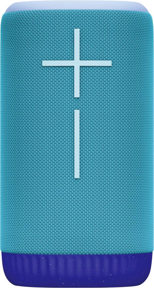 Een blauwe draagbare luidspreker met een plus- en minteken voor volumeregeling aan de voorkant.
