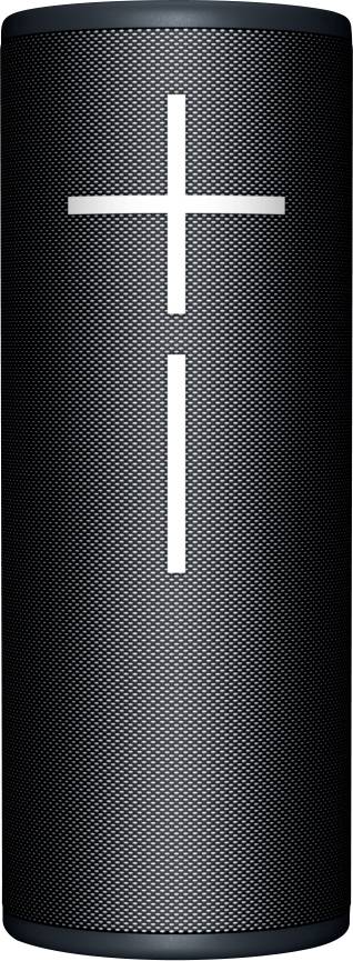 Zwarte draagbare luidspreker in cilindrische vorm, met een verticaal plusteken op de voorkant.