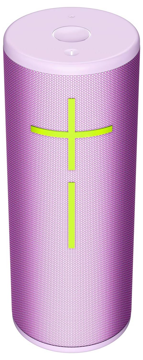 Draagbare, roze Bluetooth-speaker met een geel kruispatroon in het midden. Bovenaan bevindt zich een kleine witte knop.
