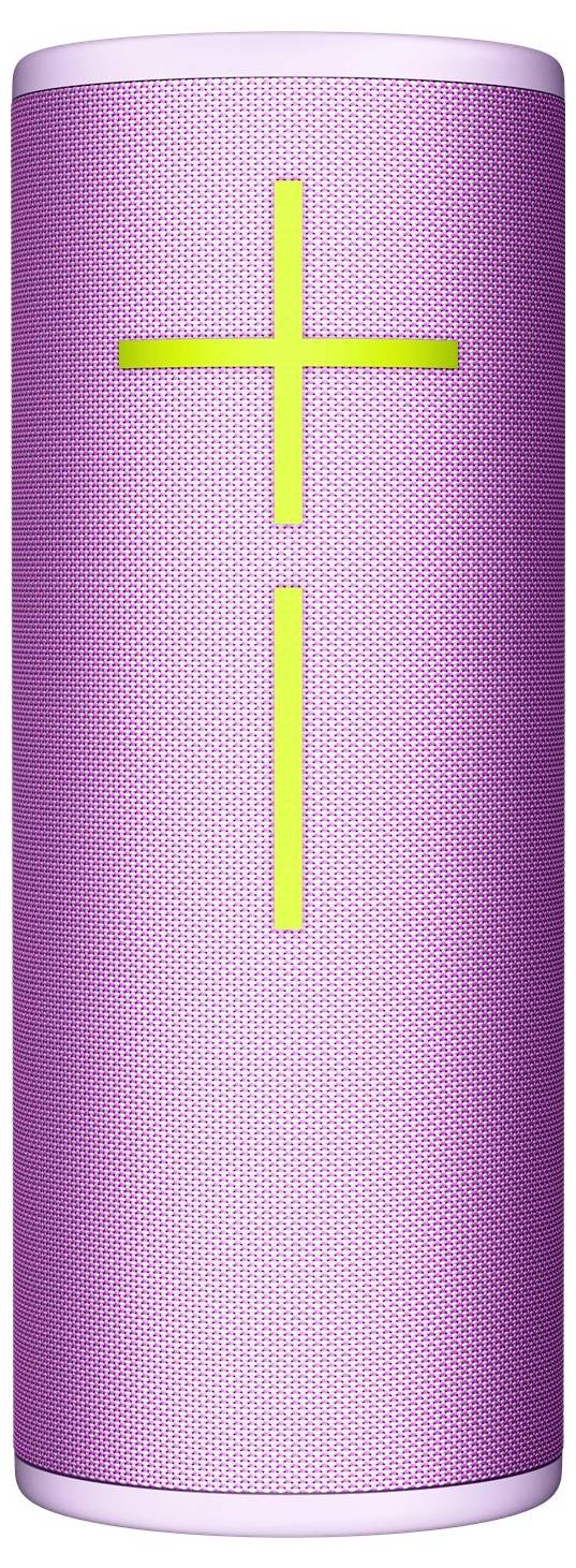 Draagbare roze Bluetooth-speaker met geel plusje aan de voorkant.