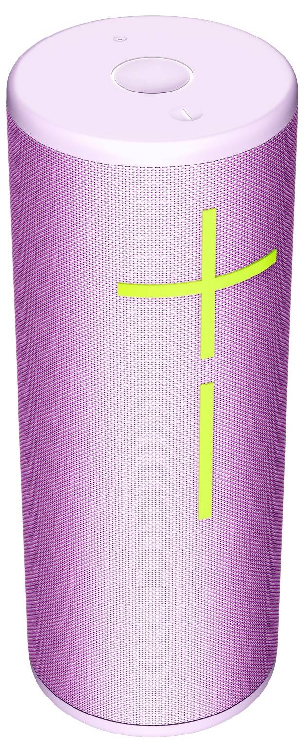 Een cilindervortige, roze luidspreker met een felgroen plusteken aan de zijkant.