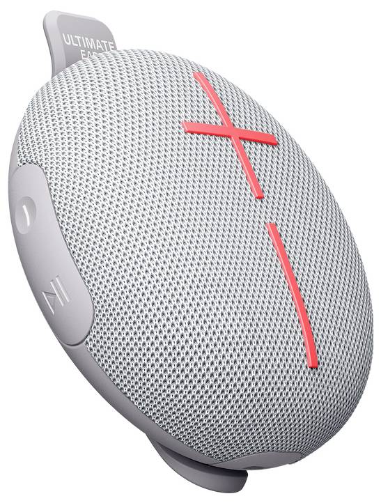 Grijze draagbare Bluetooth-speaker met rood plus- en minussymbool. Ronde vorm, gestructureerde oppervlakte.