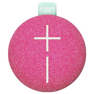Een roze draagbare luidspreker met +-symbolen voor volumeregeling en een groene lus bovenaan met de tekst 'Ultimate Ears'.