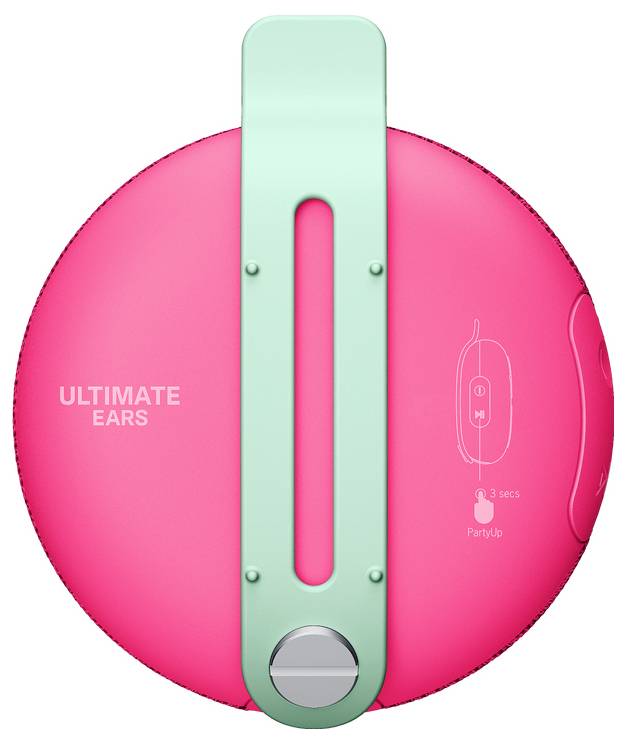 Een ronde, roze Bluetooth-speaker van Ultimate Ears met een groene handgreep. Aan de zijkant bevinden zich bedieningssymbolen.