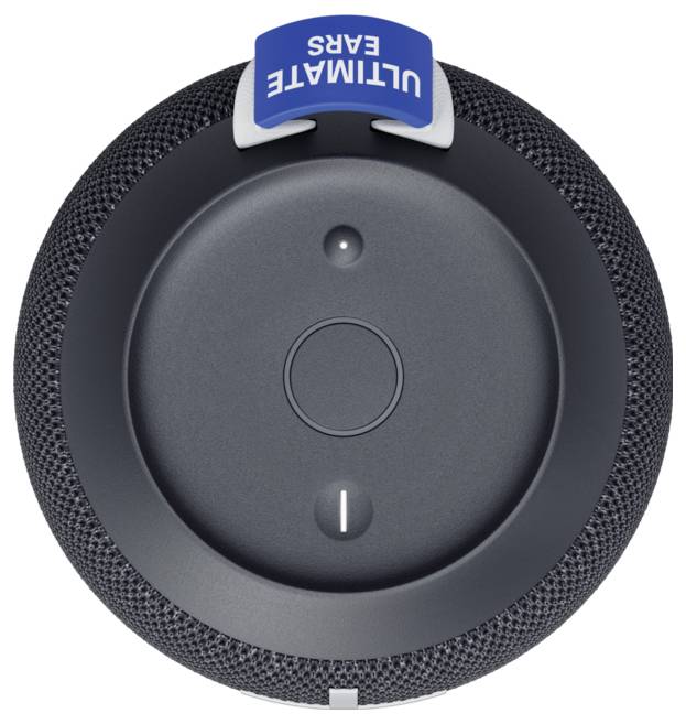 Cirkelvormige, zwarte luidspreker gezien van bovenaf met een blauwe 'Ultimate Ears'-tag, een centrale knop en een rechthoekige aan/uit-knop.