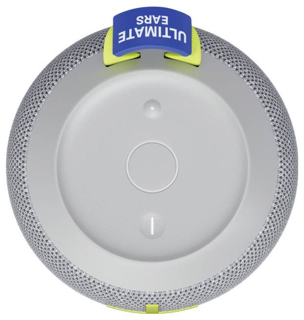 Grijze, ronde Bluetooth-speaker van bovenaf gezien, met een blauw bandje waarop 'ULTIMATE EARS' staat.