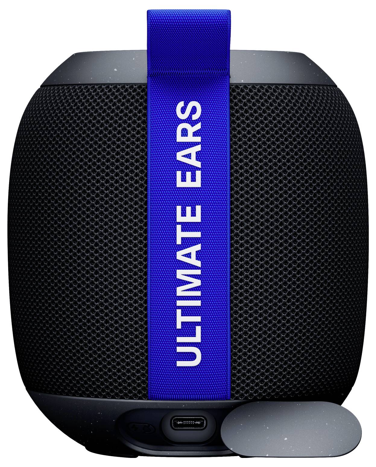 Zwarte draagbare luidspreker met blauwe lus en 'Ultimate Ears'-logo. USB-aansluiting onderaan, compact en modern ontworpen.