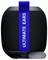 Zwarte draagbare luidspreker met blauwe lus en 'Ultimate Ears'-logo. USB-aansluiting onderaan, compact en modern ontworpen.