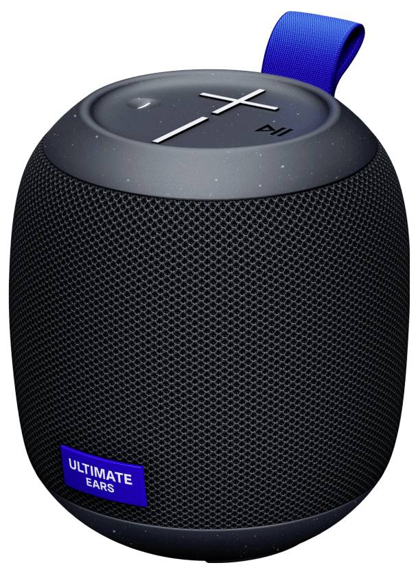 Draagbare Bluetooth-speaker in cilindrische vorm met grote volumeknoppen en blauwe draaglus. Merk 'Ultimate Ears'.