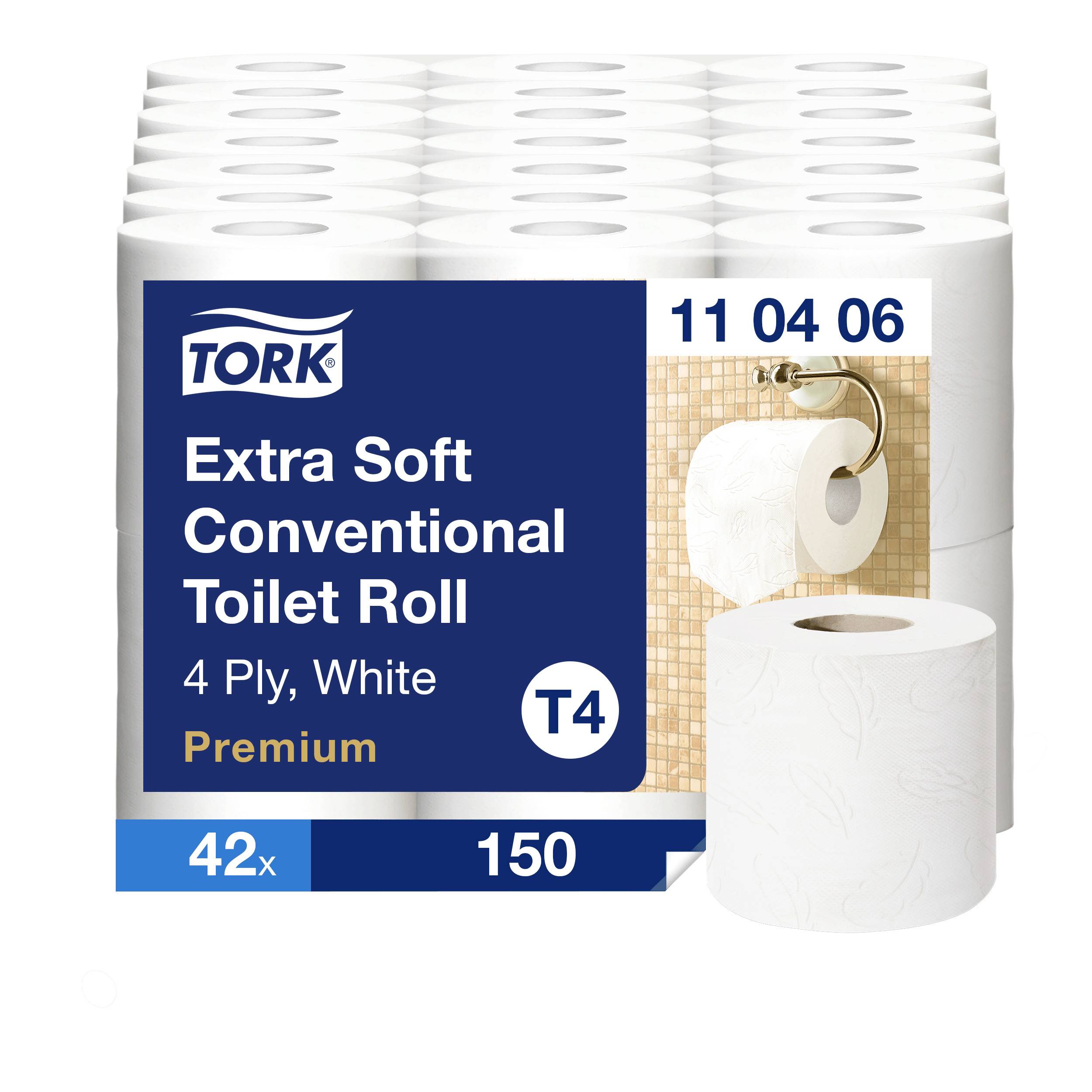 'Tork Extra Soft Conventioneel Toiletpapier, 4-laags, wit, Premium. Verpakking bevat 42 rollen met elk 150 vellen.'