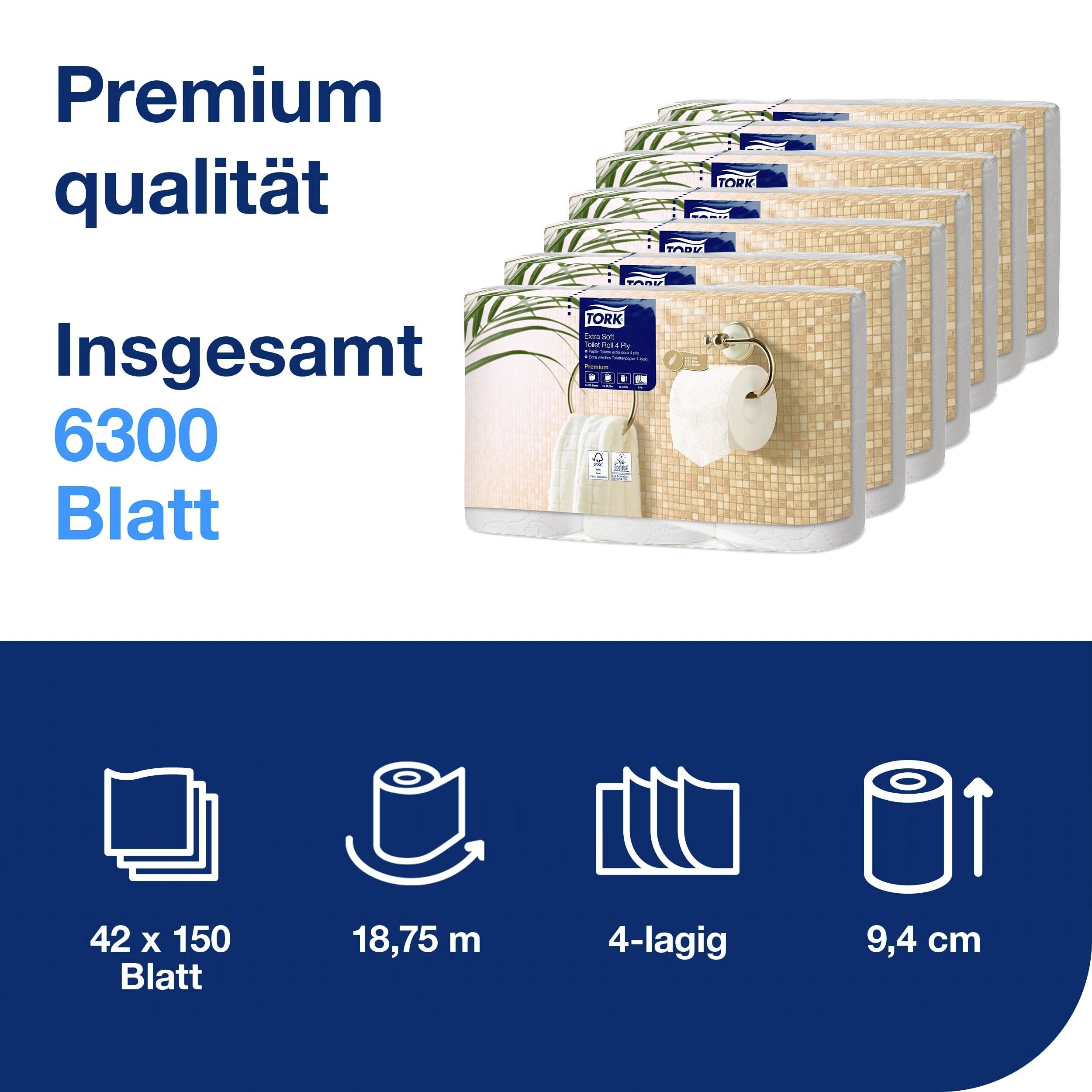 Een stapel verpakkingen van toiletpapier met de tekst 'Premium Kwaliteit'. In totaal 6300 vellen, 42 pakken van elk 150 vellen.