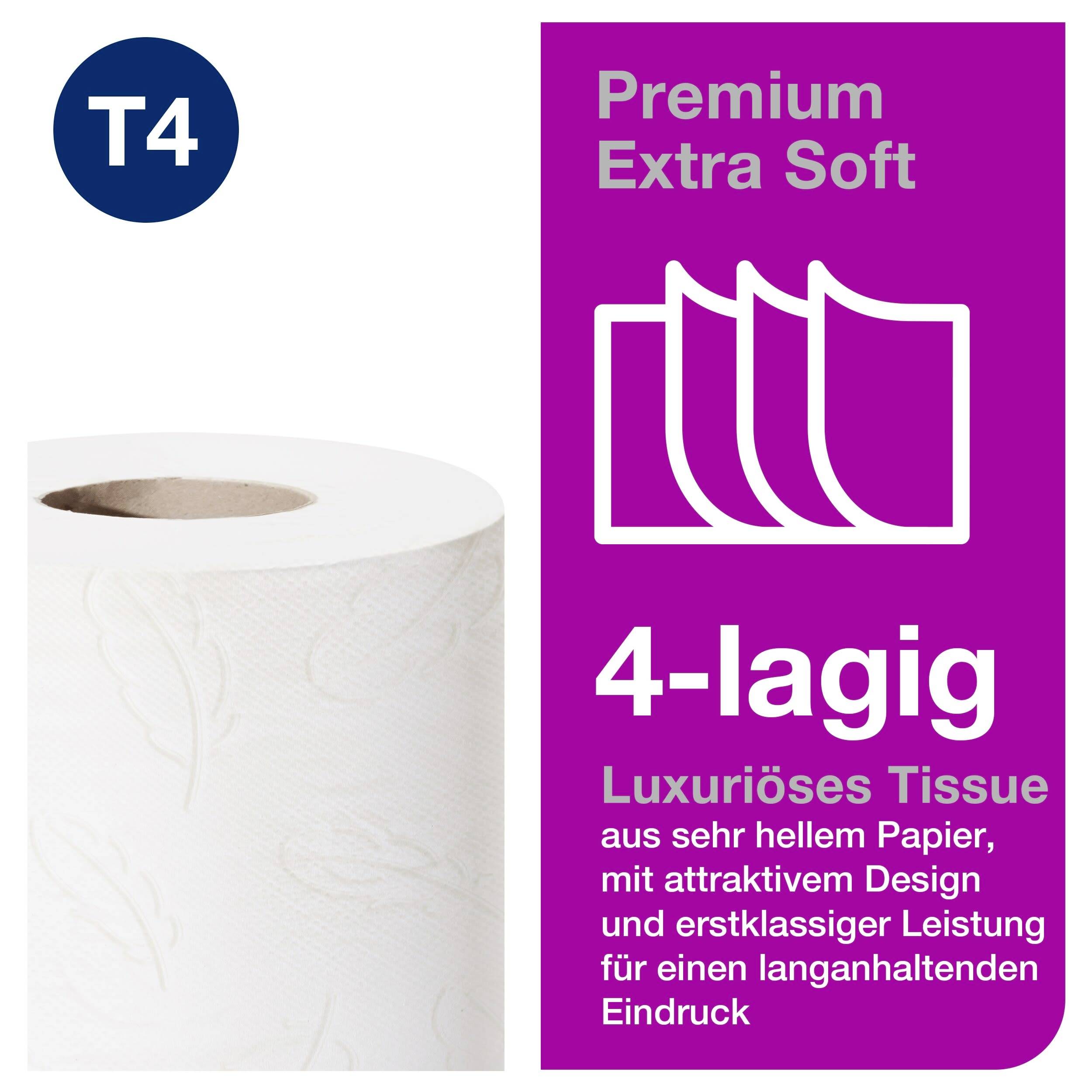 'Toiletpapier T4', paarse verpakking. 'Premium Extra Zacht', 4-laags, luxueus, licht design, eersteklas prestatie.