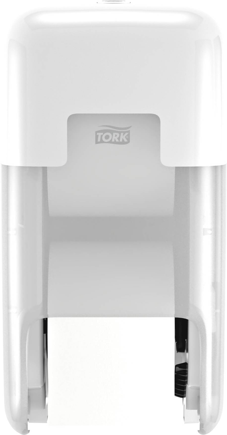 Een witte papieren handdoekdispenser gemonteerd aan een muur, met een uitstekende handdoek voor eenvoudige afname.
