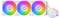 Witte vloeistofkoeling met drie RGB-ventilatoren. Rechts bevindt zich de ronde pomp met verlicht logo.