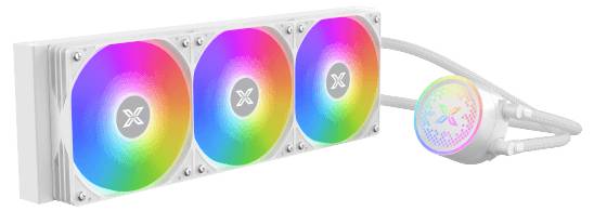 Waterkoelsysteem met drie LED-verlichte ventilatoren in regenboogkleuren, verbonden met een ronde, verlichte CPU-koeler.