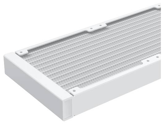 Een rechthoekige, witte radiator met een rasterpatroon op de bovenkant, waarbij de rand links in beeld zichtbaar is.