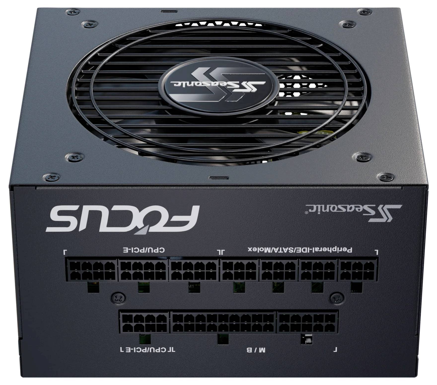 Een zwarte computervoeding van het merk Seasonic met modelopschrift 'FOCUS'. Zichtbaar zijn ventilator en verschillende aansluitpoorten.