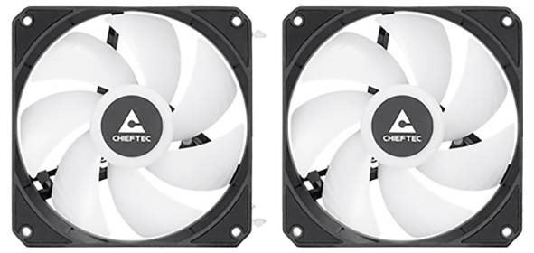 Twee witte computerventilators met een zwarte rand en het 'CHEFTEC'-logo in het midden.
