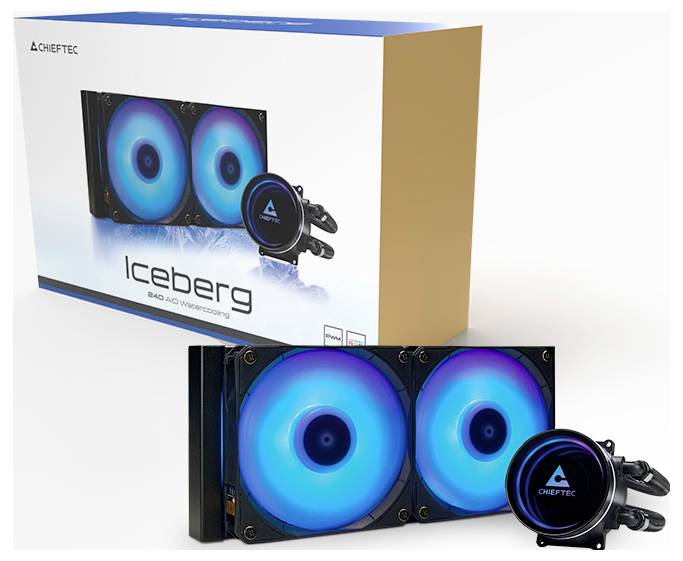 Chieftec Iceberg 240 AIO-waterkoeling met blauwe LED-ventilators, afgebeeld met verpakking.