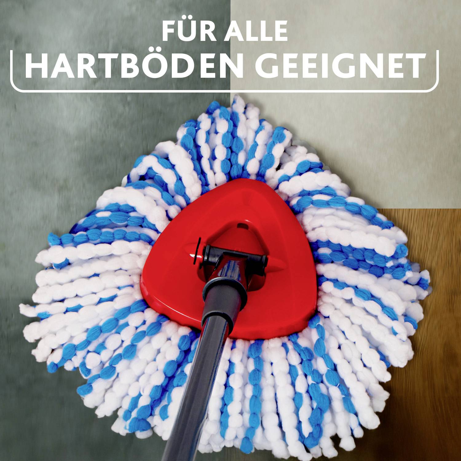 Dweil met een rood-wit-blauwe kop op een overgang tussen een grijze en houtkleurige vloer. Tekst bovenaan: 'Geschikt voor alle harde vloeren'.