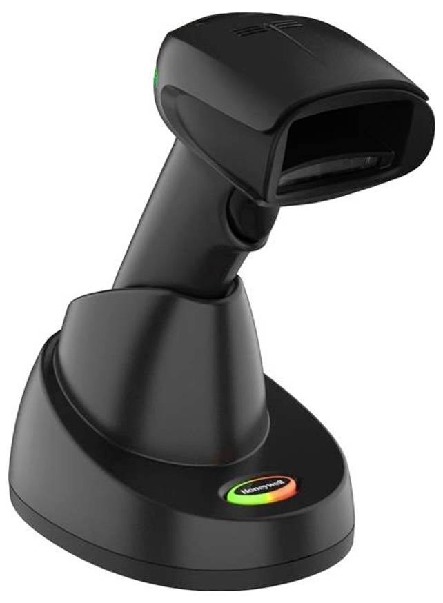 Een zwarte draadloze barcodescanner in een laadstation, klaar voor gebruik in een retail- of magazijnomgeving.