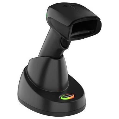 Een zwarte draadloze barcodescanner in een laadstation, klaar voor gebruik in een retail- of magazijnomgeving.