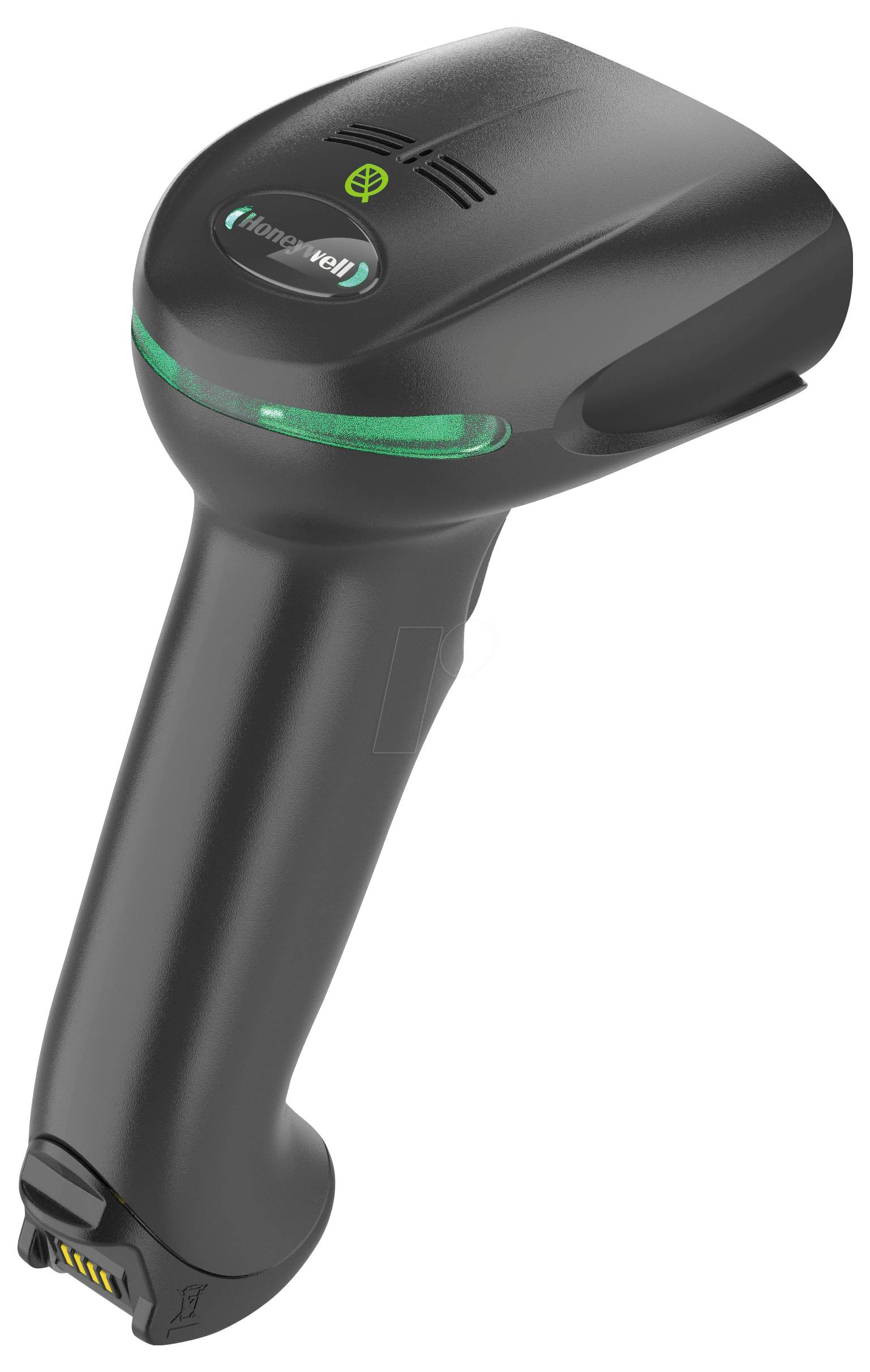 Handscanner in het zwart met groene lichtring, geschikt voor barcode-scans.