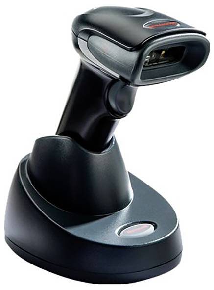 Een handscanner op een laadstation, hoofdzakelijk gebruikt in detailhandels- en winkelbedrijven voor het scannen van barcodes.