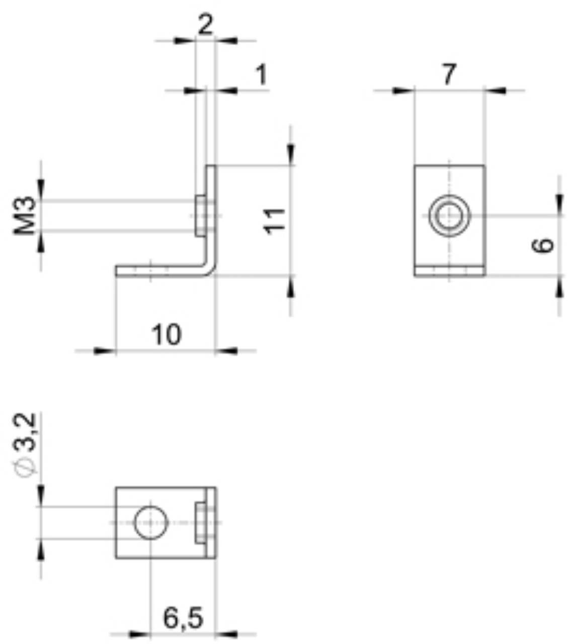 Technische tekening van een rechthoekige metalen hoek met afmetingen. Hoofdafmetingen: hoogte 11 mm, breedte 10 mm, M3 schroefgat.