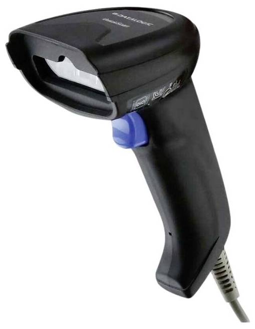 Handscanner met zwarte behuizing en blauwe toets, geschikt voor het scannen van barcodes. Verbonden door een spiraalvormig kabel.