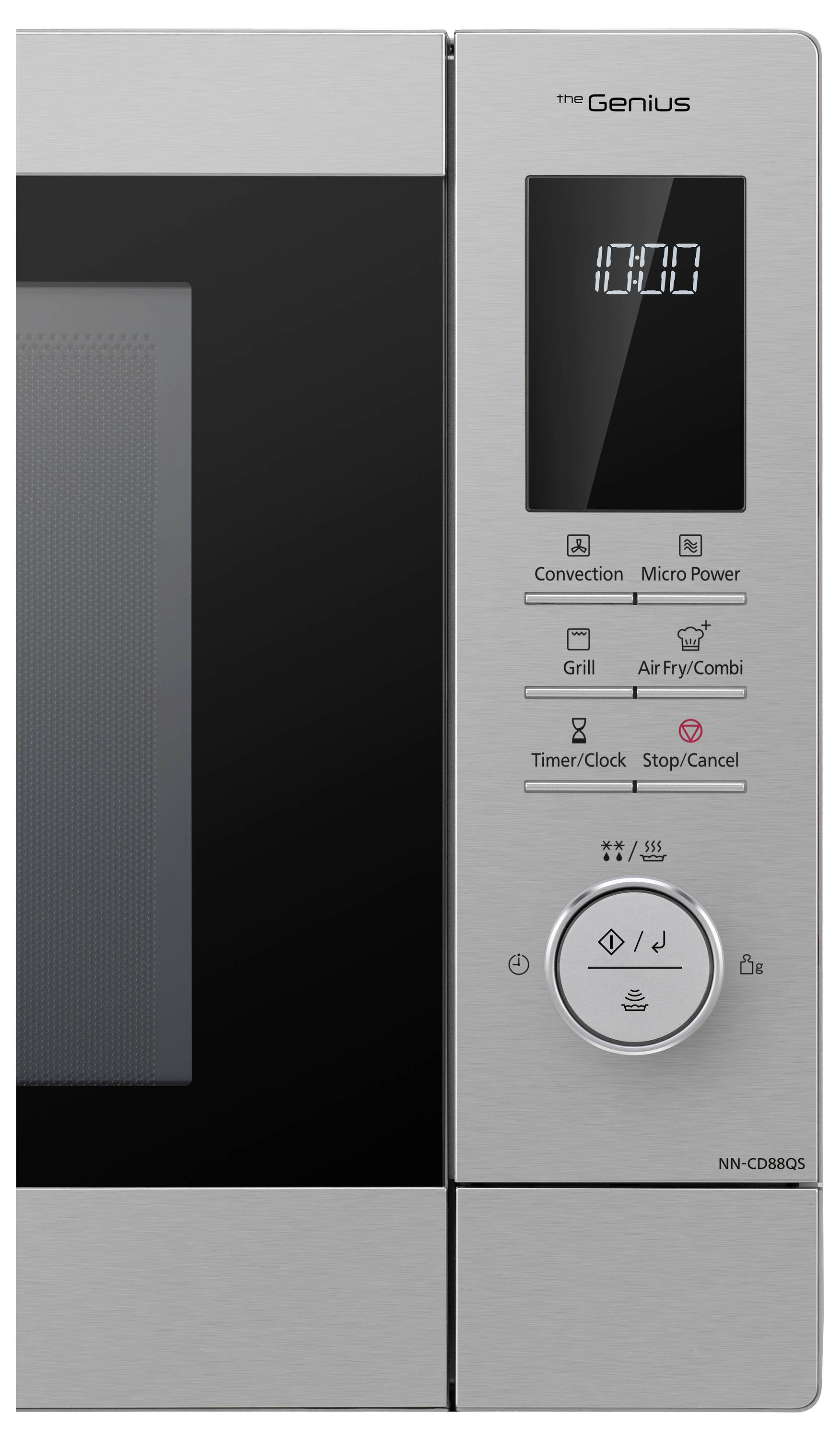 Zilveren magnetron met bedieningspaneel rechts. Digitale klok toont '10:00'. Knoppen voor functies zoals grillen en heteluchtcirculatie.