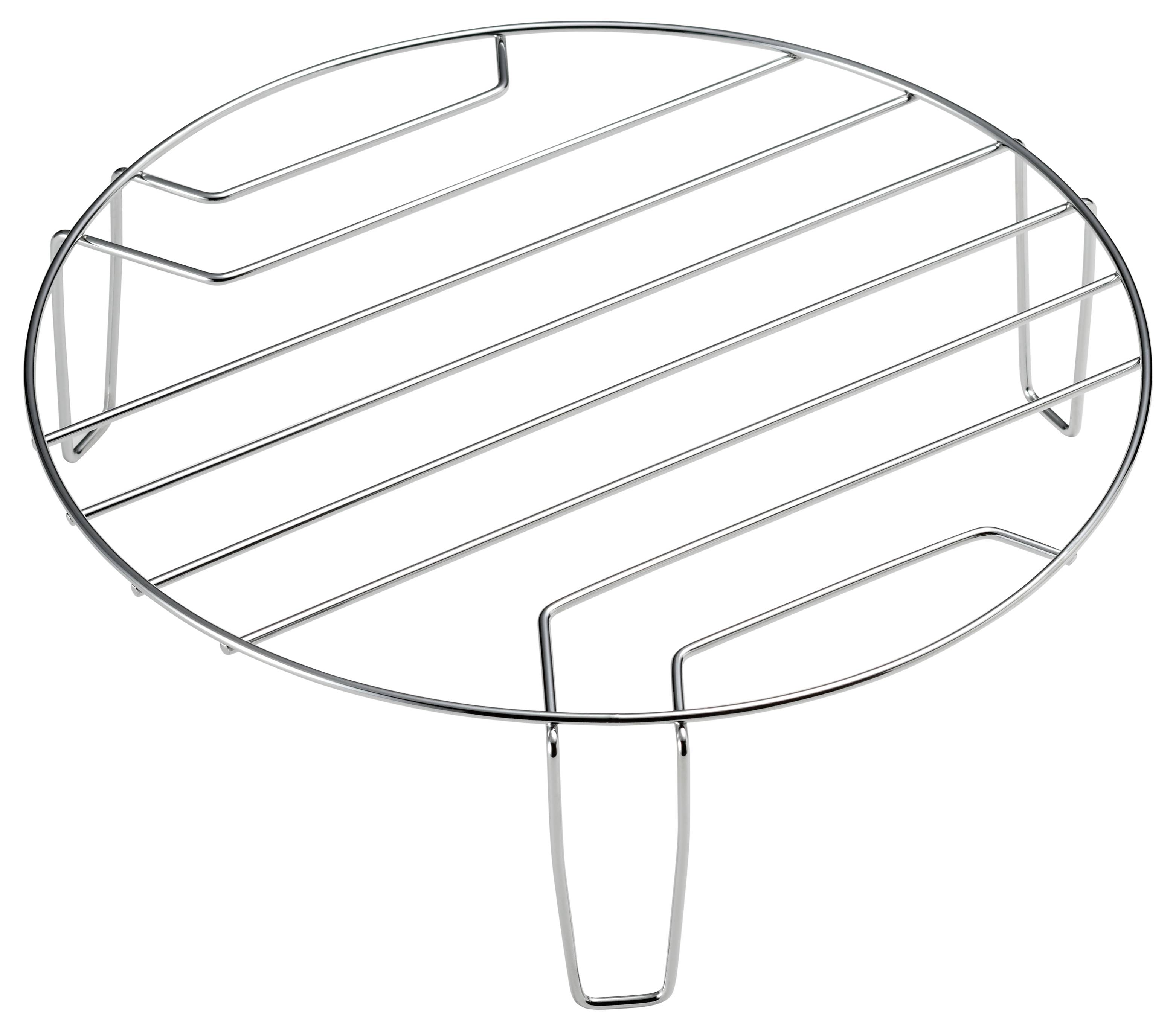 Een rond, zilver grillrooster met drie poten om te verhogen, geschikt voor het grillen of stomen van gerechten.