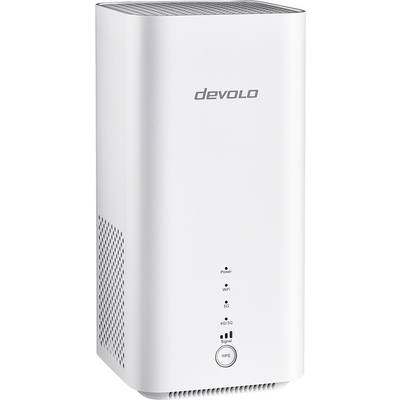 Een witte WLAN-router van het merk Devolo met zijdelingse ventilatiesleuven en LED-indicatoren aan de voorkant voor verbindingen.