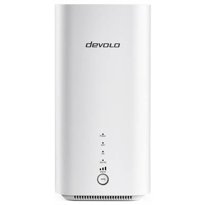 Een witte Devolo-WiFi-repeater met knoppen en LED-indicatoren voor Voeding, WiFi, 2.4G, 5G en WPS.