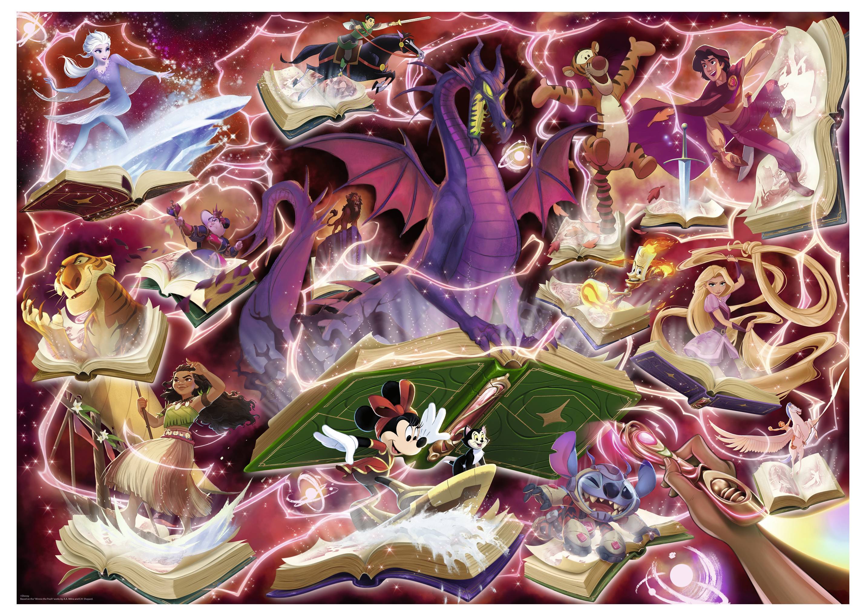 Een magische scène met Disney-personages, waaronder Mickey Mouse, die interacteren met betoverde boeken in een levendige, wervelende fantasieomgeving.