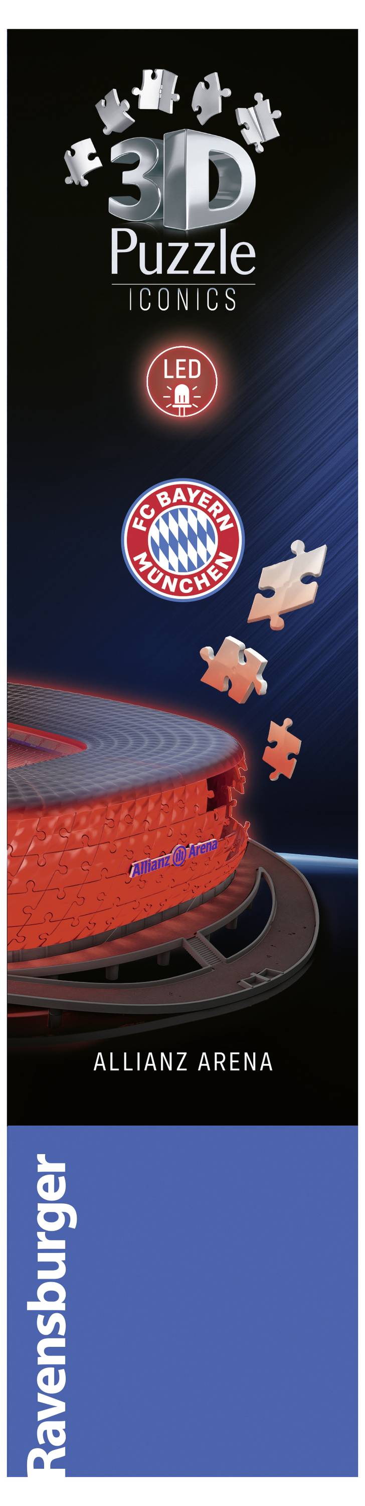 '3D Puzzel Iconics, LED, Allianz Arena. Ravensburger-Logo onderaan.'