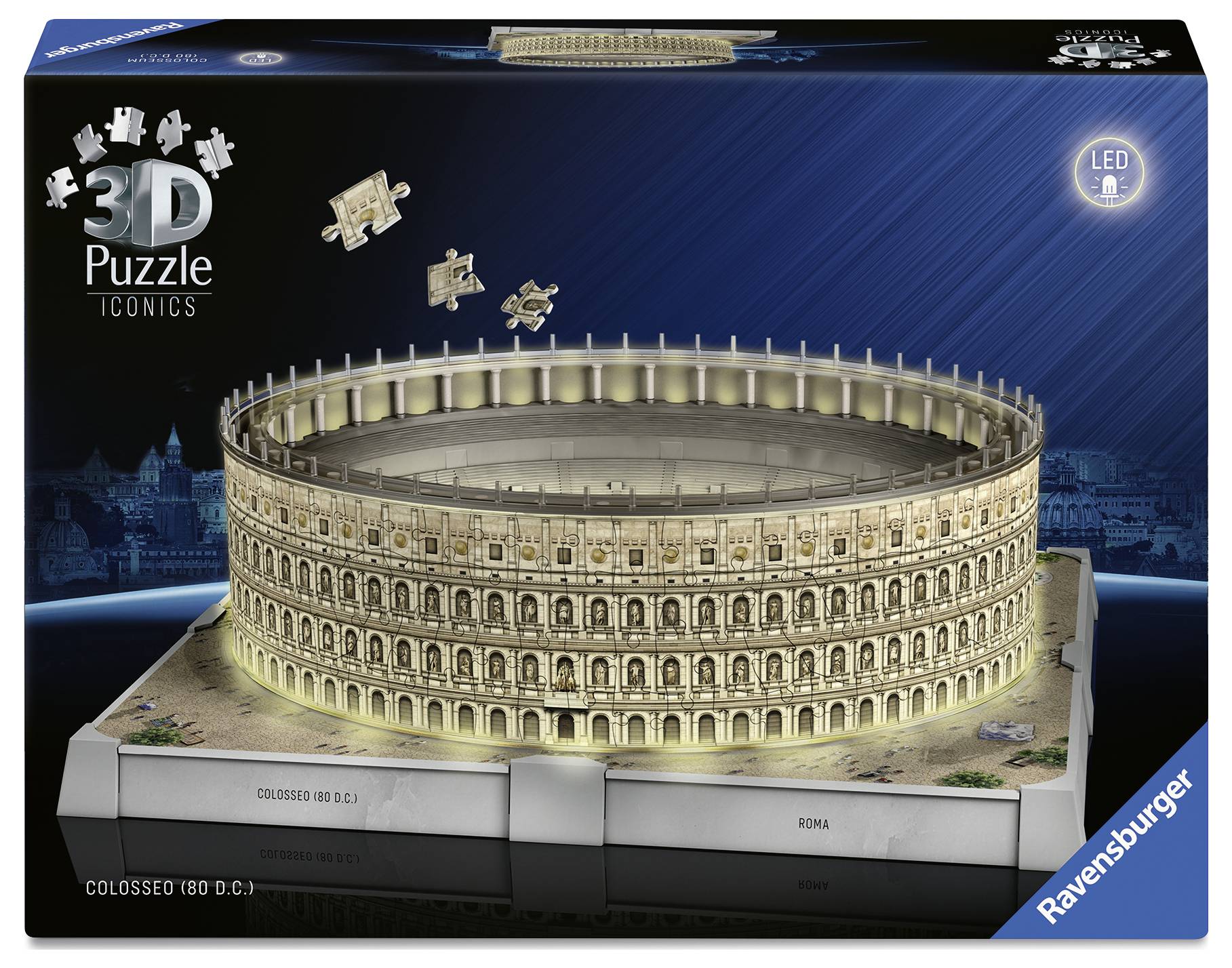 3D-puzzelmodel van het Colosseum met LED-verlichting op een zwarte achtergrond, meerdere losse puzzelstukken zweven in de lucht.