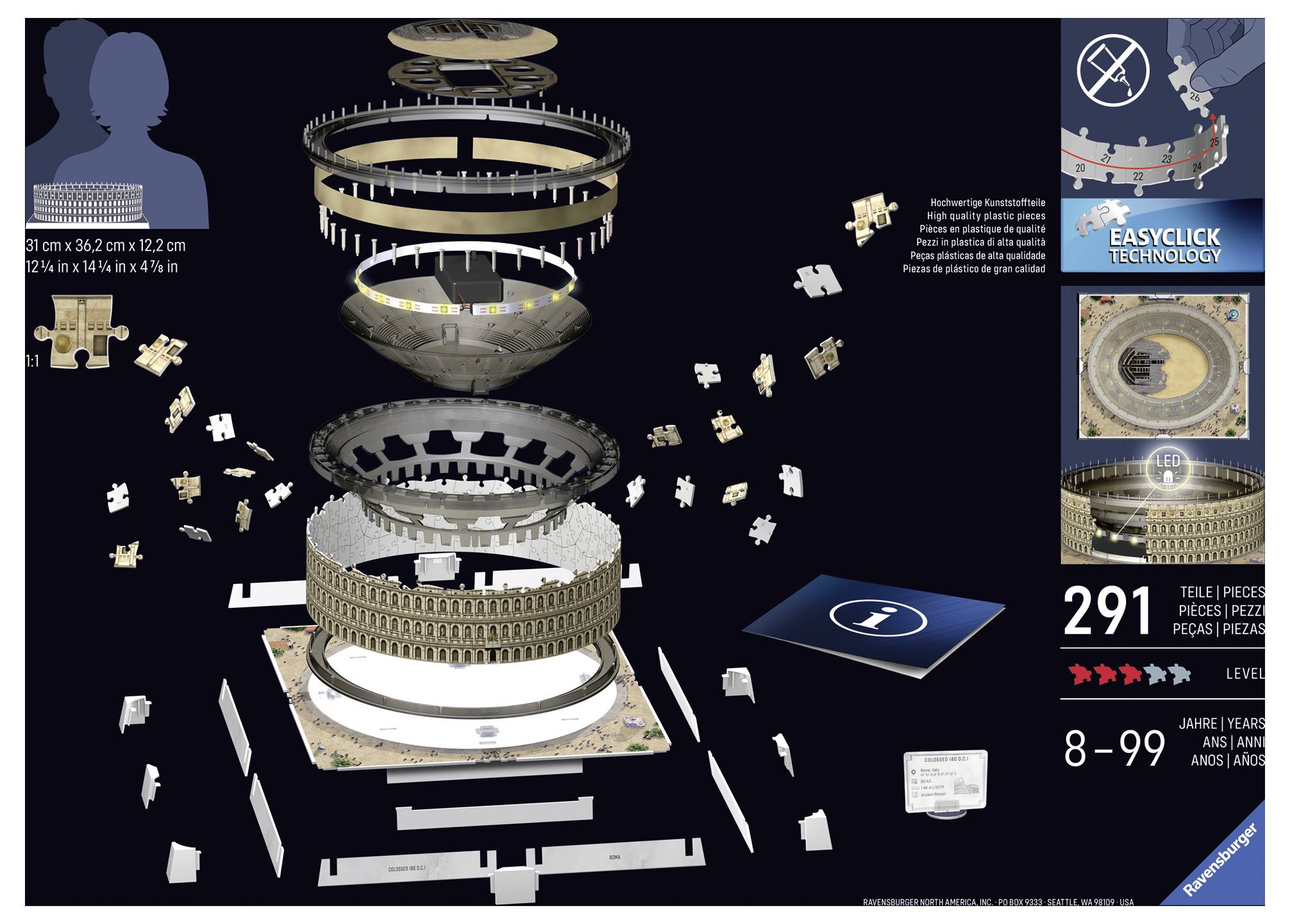 Puzzel van het Colosseum met 291 stukjes. Toont onderdelen en informatie over afmetingen: 31 x 26 x 12 cm. Geschikt voor kinderen vanaf 8 jaar, met Easyclick-technologie.