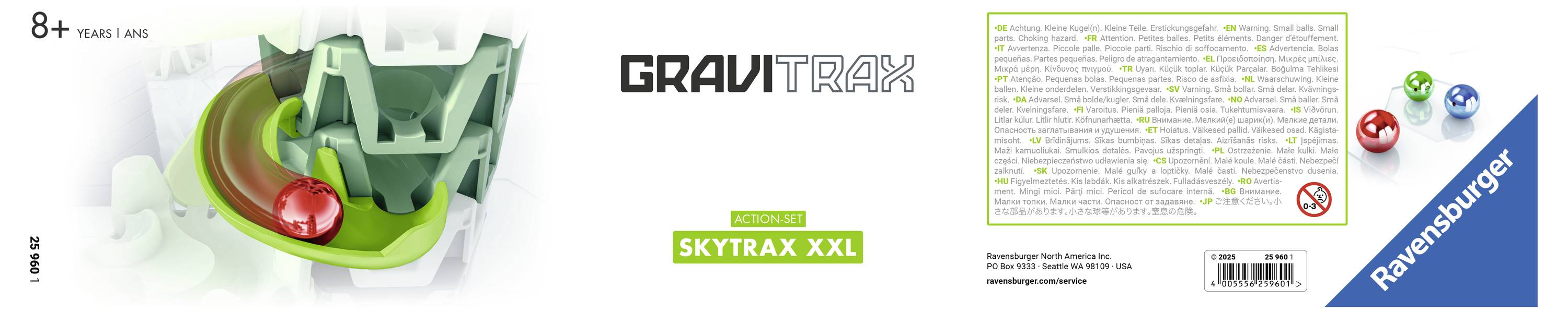 'GraviTrax Uitbreiding: SkyTrax XXL' Verpakking met afbeelding van een kogelbaan-element en een rode kogel. Geschikt vanaf 8 jaar.