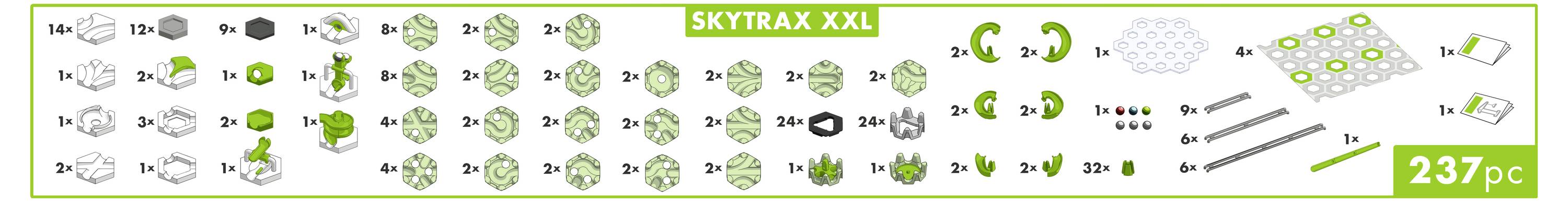Handleiding voor het assembleren van de speelgoedset 'SKYTRAX XXL' met 237 onderdelen. Volgorde van stappen met genummerde afbeeldingen en onderdelen.