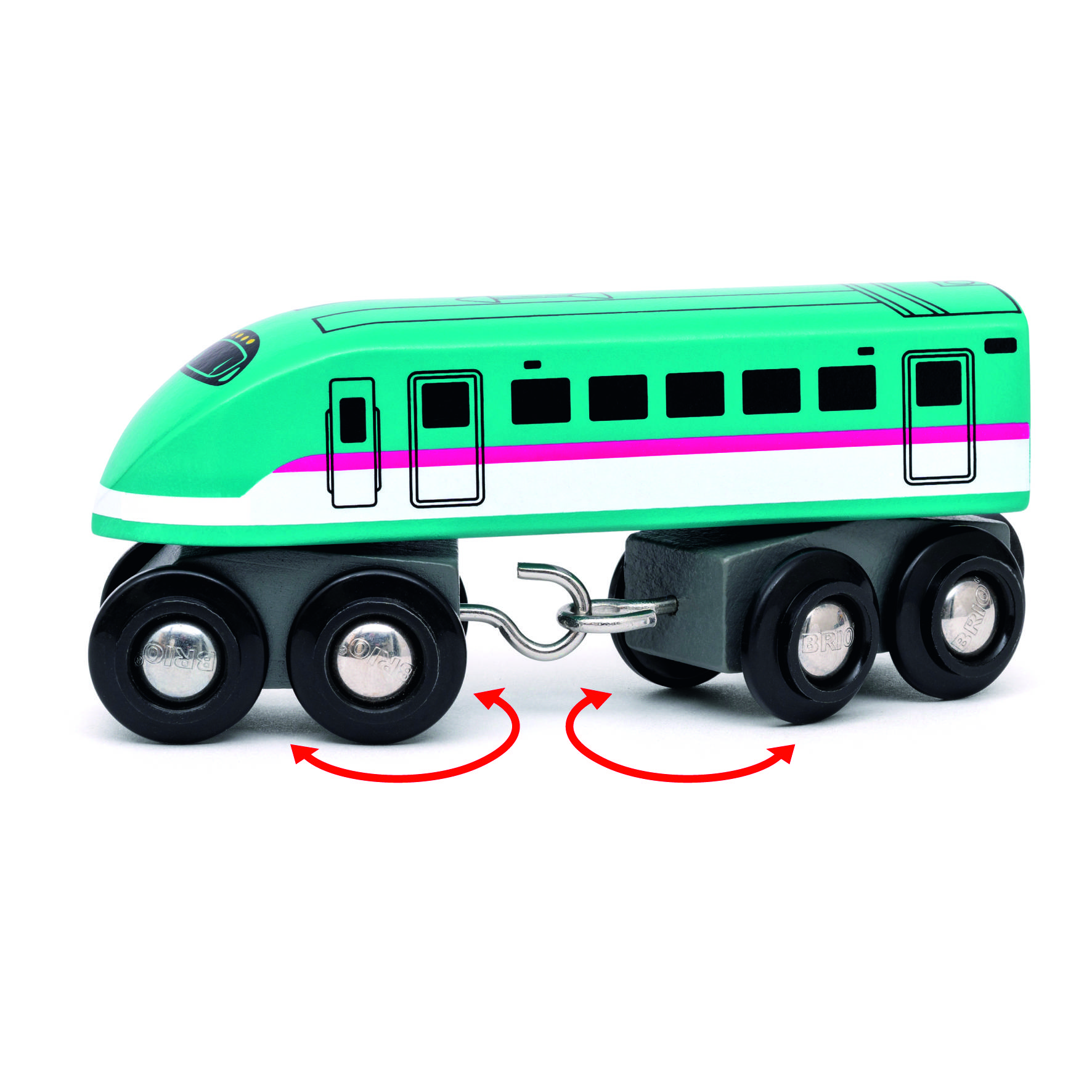Speelgoedtrein met een groene locomotief, vier wielen en zilveren verbindingsstukken. Rode pijlen geven de draaibeweging van de wielen aan.