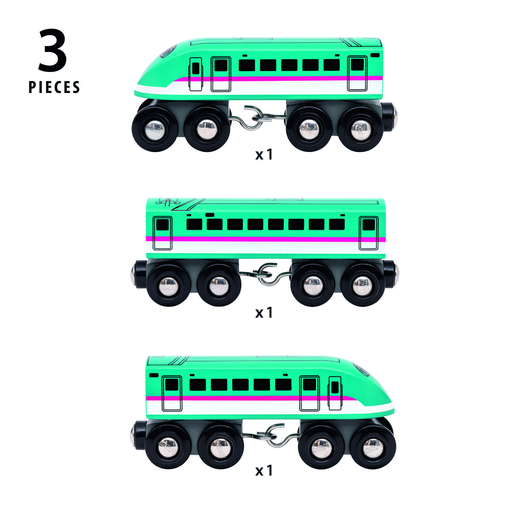 Driedelig speelgoed-treinset: groene trein met magnetische koppelingen, bestaande uit locomotief, personenrijtuig en besturingsrijtuig.