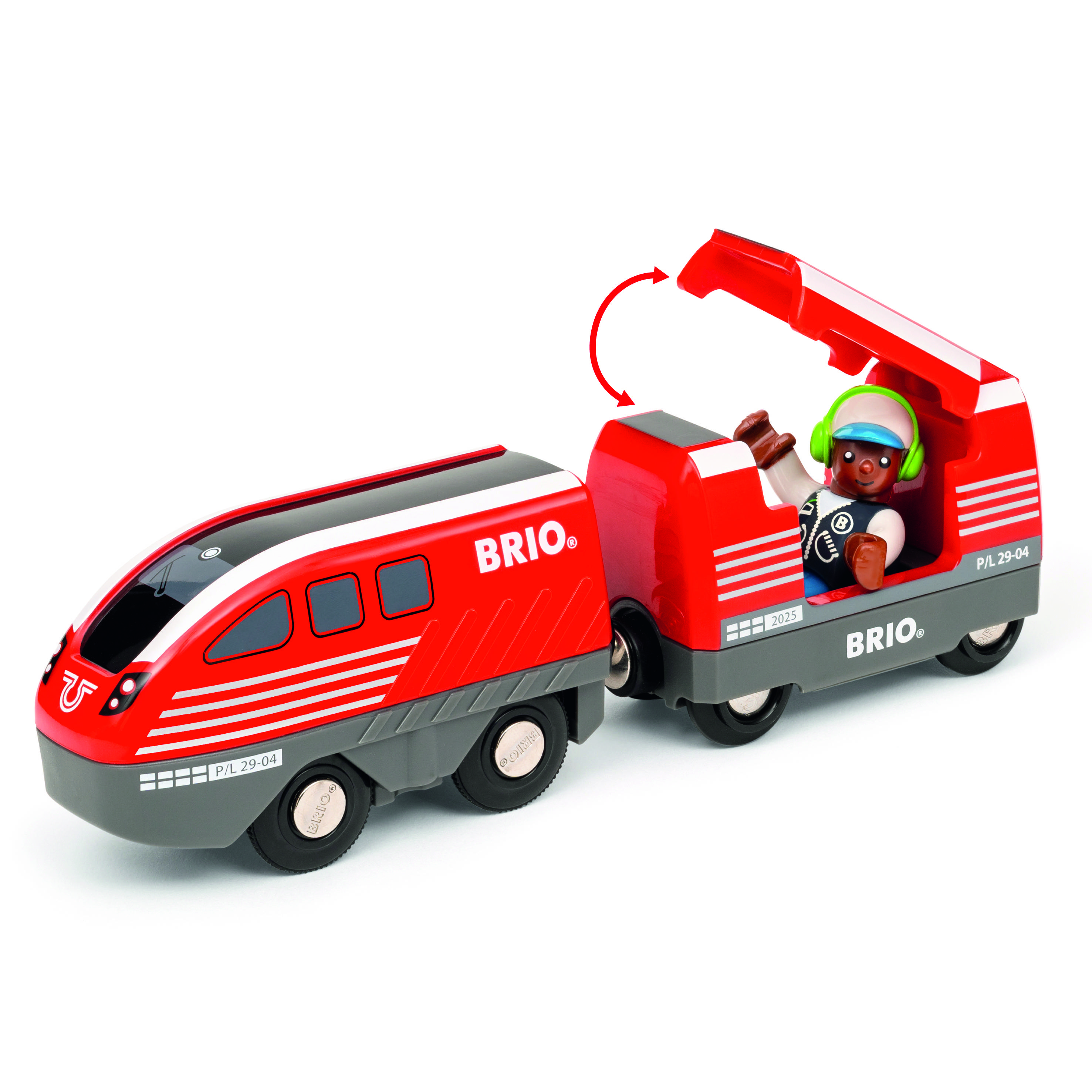 Een rode BRIO-speelgoedtrein met bestuurdersfiguur. De trein heeft een afneembaar dak en een hefboom voor de beweging van de figuur.