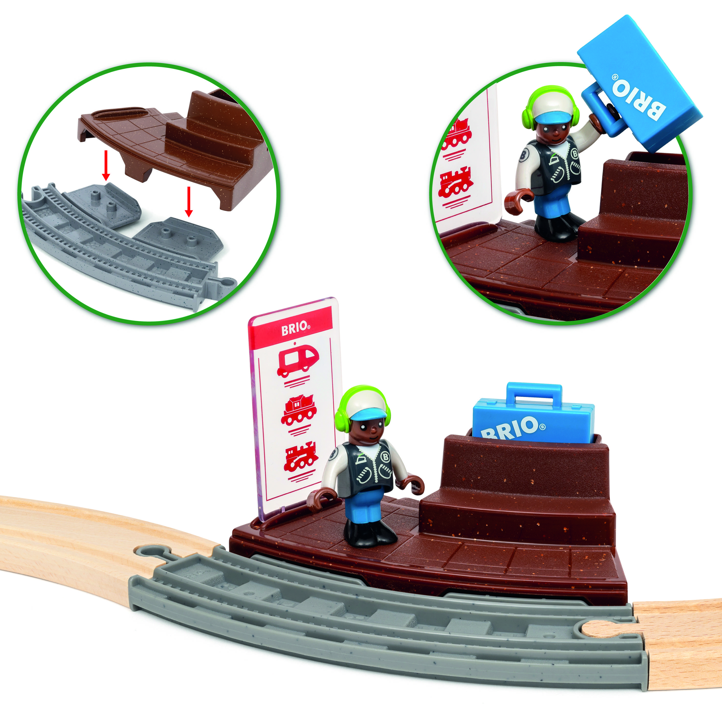 Speelgoedtreinset: Een speelfiguur met een kaartjesautomaat op een halte met railverbinding voor treinmodellen.